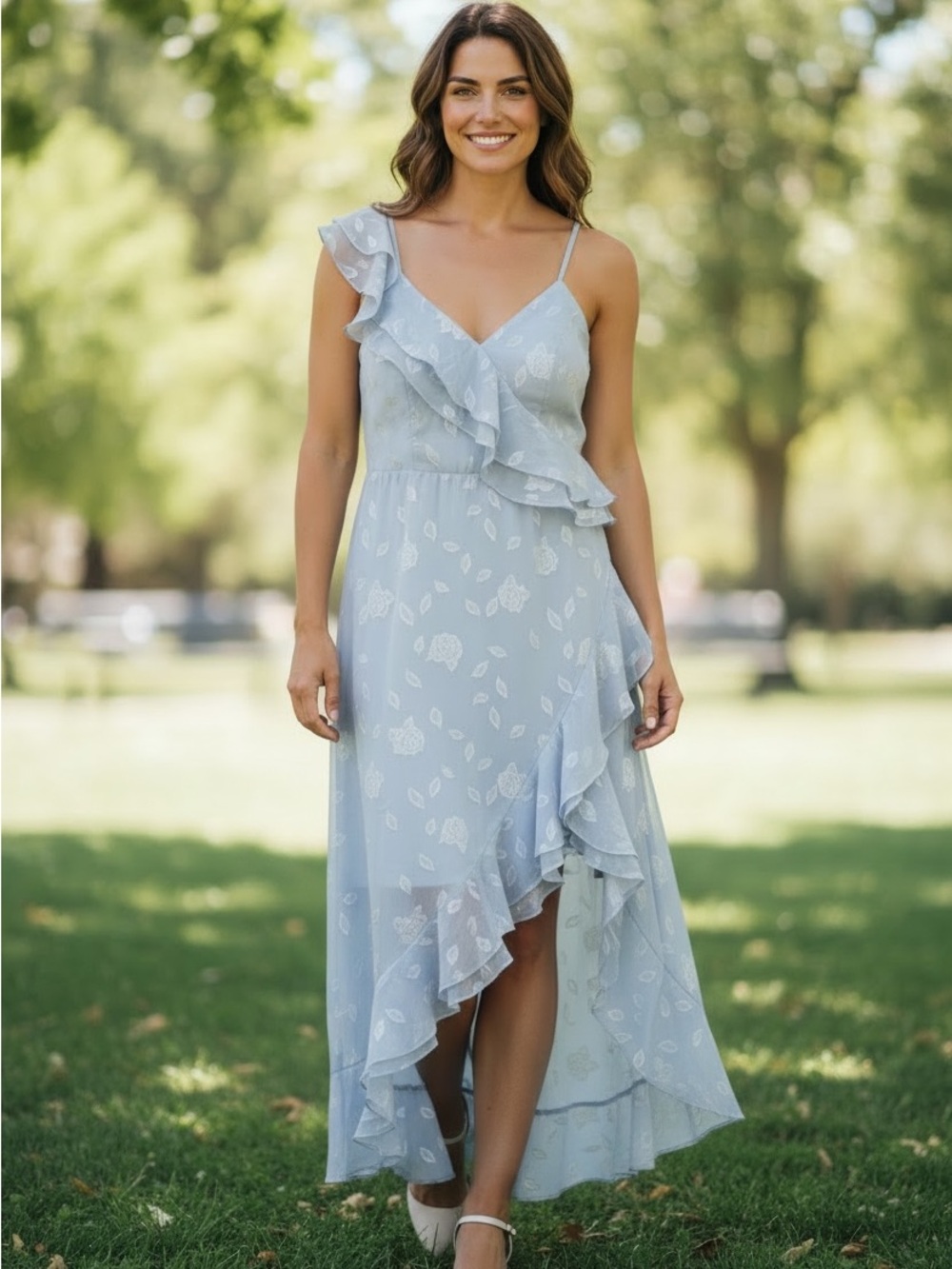 Lulu's Pale Blue Floral High-Low Ruffle Wrap Dress